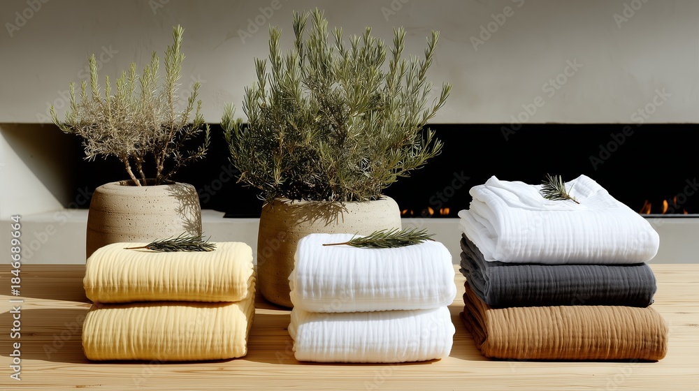 Obraz premium Soft towels and plants arranged on a wooden table near a fireplace in a bright space