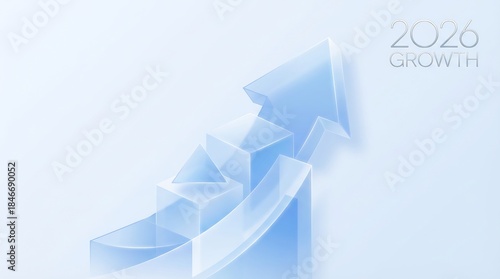 2026 Financial Growth and Progress Concept: Abstract Modern Background Featuring a Transparent Blue and Glass 3D Arrow Graph Moving Upward on a Clean, Minimalist Surface