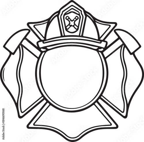 Firefighter Emblem Gerald Fire Brigade Hand-drawn Sketch Drawing Vector Illustration, Line Linear Symbol Engraving Coloring Book, Black and White Isolated
