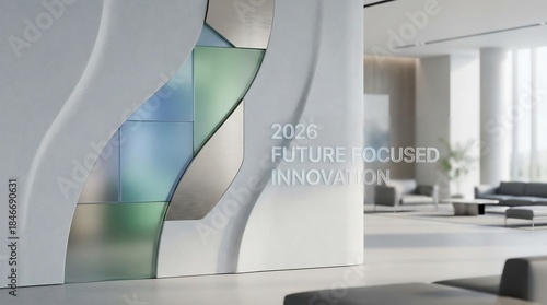 2026 Future Focused Innovation: Abstract Executive Office Lobby Signage Wall Featuring Modern Wavy Architectural Design, Metallic and Glass Elements, and a Bright, Minimalist Corporate Interior