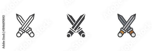 Crossed swords line outline solid different style icon set pack