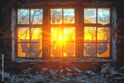 Sunset through broken window in abandoned building Generative AI