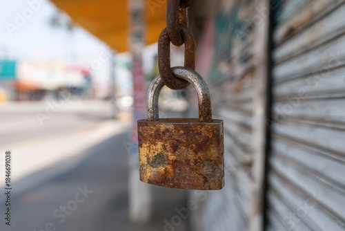 Fototapeta Naklejka Na Ścianę i Meble -  Close-up rusty padlock on corrugated shutter of Mexican street stall.