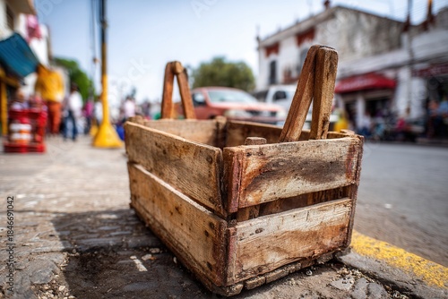 Fototapeta Naklejka Na Ścianę i Meble -  Close-up worn shoeshiner wooden box in Mexican street corner.