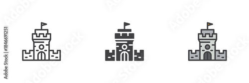 Castle keep line outline solid different style icon set pack
