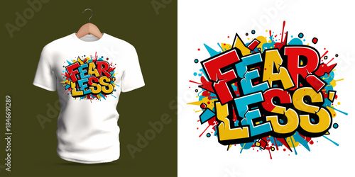 High-energy graffiti lettering spelling “Fear Less,” surrounded by jagged shards, splashes, and vivid contrasting colors. A motivational design with powerful street-art impact