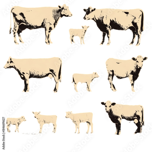 Collection of stylized cow and calf illustrations for design.