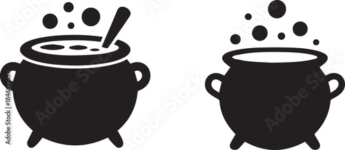 Bubbling cauldron silhouette or vector illustration, isolated black and white design for Halloween, magic, witchcraft, and spooky concepts