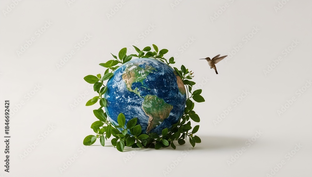 Obraz premium A symbolic representation of the Earth encircled by vibrant green leaves, with a hummingbird in flight, symbolizing environmental harmony and global conservation. 
