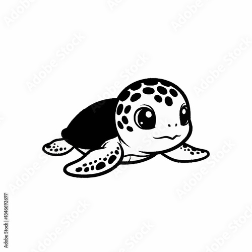 Adorable baby sea turtle with big eyes and a spotted shell.