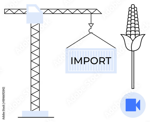 Global trade, agriculture, logistics, commodity exchange, supply chain, export. Crane lifting container labeled import, corn plant and video communication symbol. Global trade and agriculture