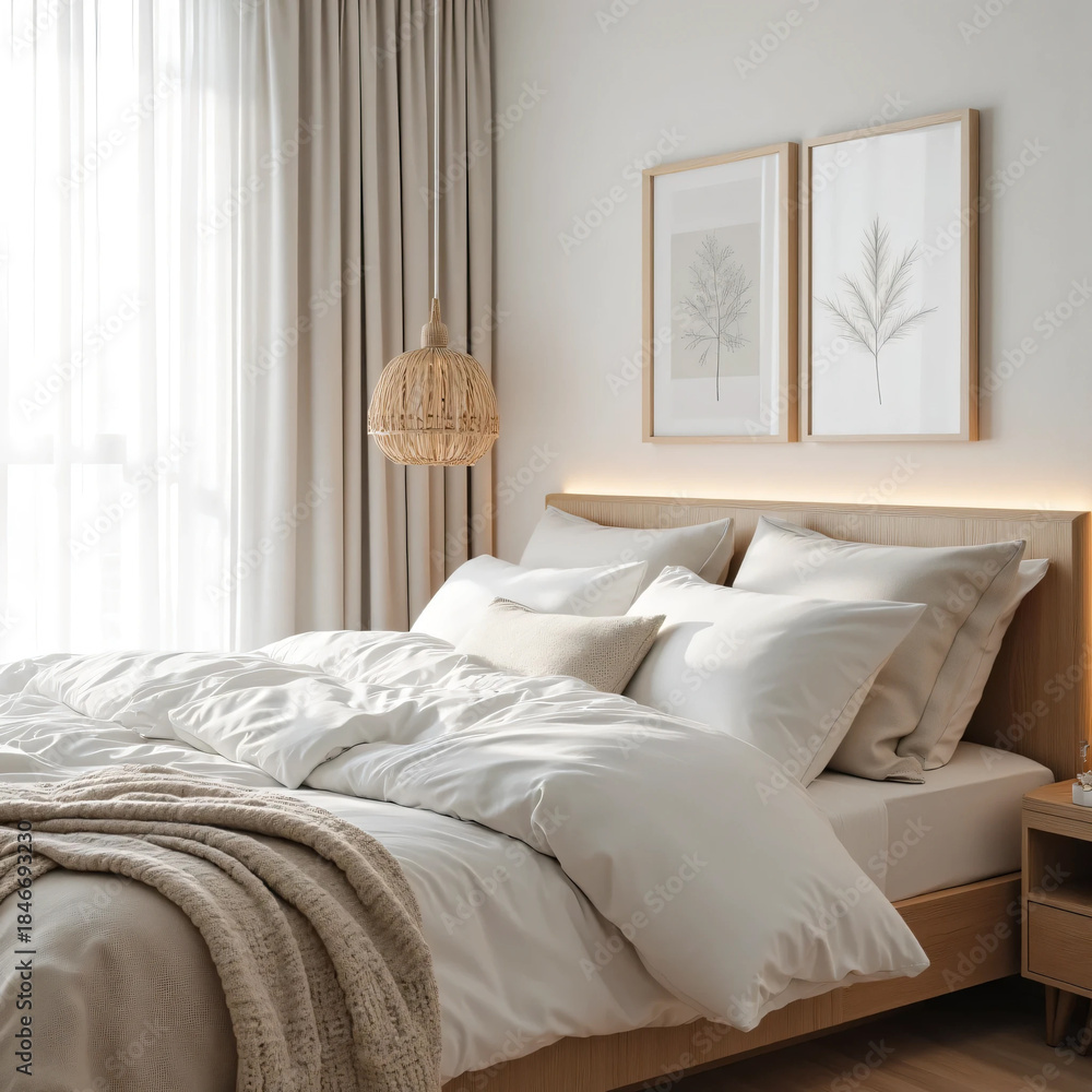 Obraz premium Soft Focus Cozy Bedroom Interior with Natural Light and Minimalist Deco