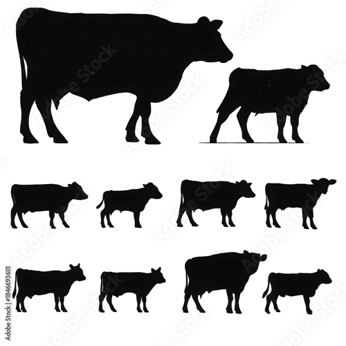 Collection of black cow and calf silhouettes.