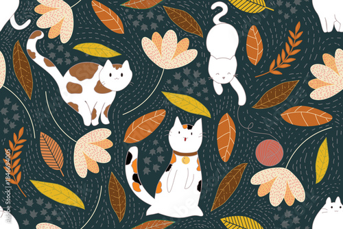 seamless pattern with cats and Autumn