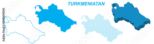 Turkmenistan Map Vector Set, Central Asia Outline Silhouette Dotted 3D Solid Shapes, Turkmenistan Country Infographic Template, Editable EPS Turkmenistan Geography