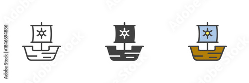 Caravel ship line outline solid different style icon set pack