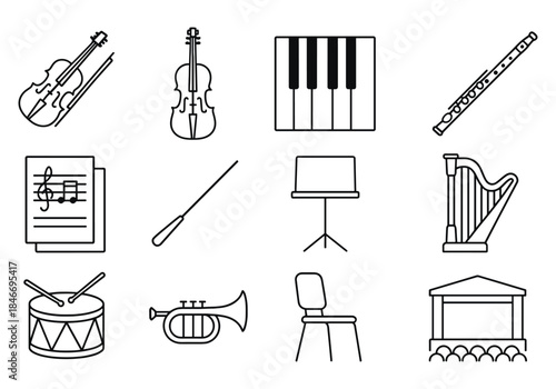 Outline illustrations of musical instruments and accessories for orchestras