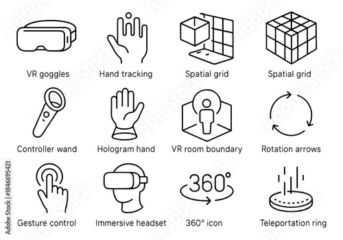 Virtual reality icons set: goggles, hand tracking, spatial grid, hologram