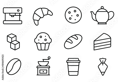 Bakery and coffee shop icon set featuring pastries and beverages