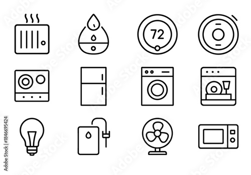 Home appliance icons: thermostat, humidifier, washer, fan, light bulb, dishwasher, microwave