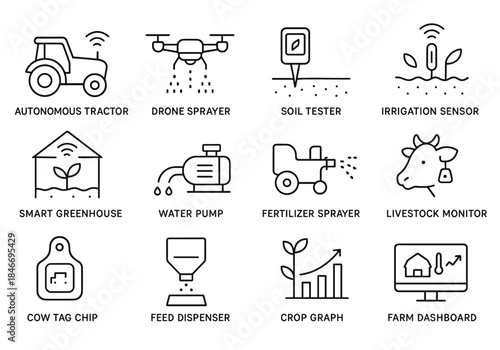 Smart farming icons: autonomous tech and monitoring tools for efficient agriculture