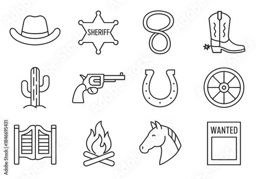 Outline icons of western cowboy gear and symbols