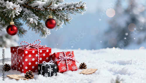 Joyful Christmas holiday with red gift and present under festive winter tree branch in outdoor snow scene