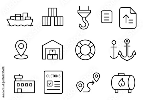 Maritime and shipping icons: containers, anchors, maps, warehouses, customs