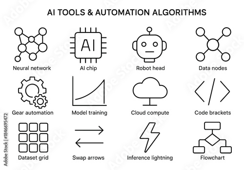 tools and automation algorithms icons: neural network, chip, robot, data nodes