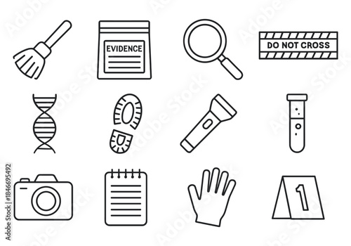 Crime scene investigation tools and symbols in black and white icons