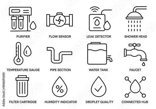 Home water system icons: purifier, flow sensor, leak detector, shower, and more