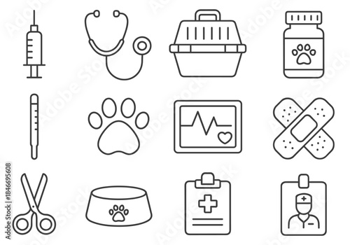 Veterinary icons: stethoscope, syringe, pet carrier, medicine, first aid, thermometer, paw print
