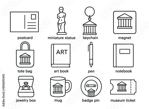 Museum gift shop icon set featuring souvenirs and memorabilia