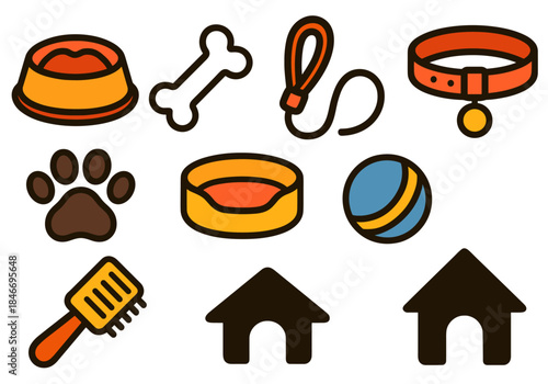 Colorful cartoon pet supplies set with bowls, toys, and accessories