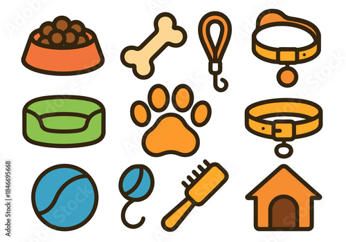 Colorful pet icons: bowl, bone, collar, paw print, bed, ball, brush, house