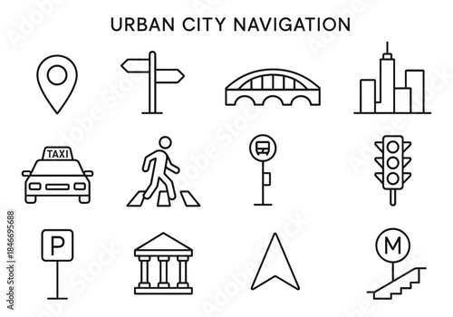 Urban city navigation icons: streets, signs, landmarks, transport, architecture