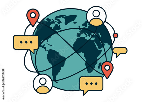Global communication concept with map, chat icons, and location markers