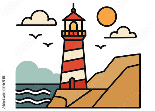 Coastal lighthouse overlooking ocean waves and cliffs at sunset