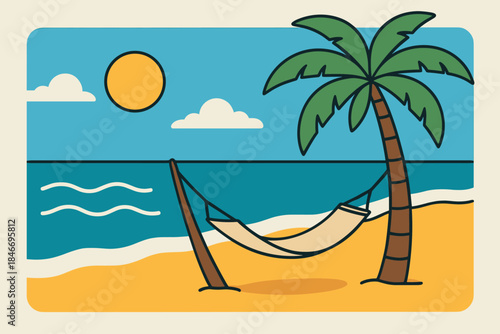 Tropical beach scene with palm tree, hammock, and sun