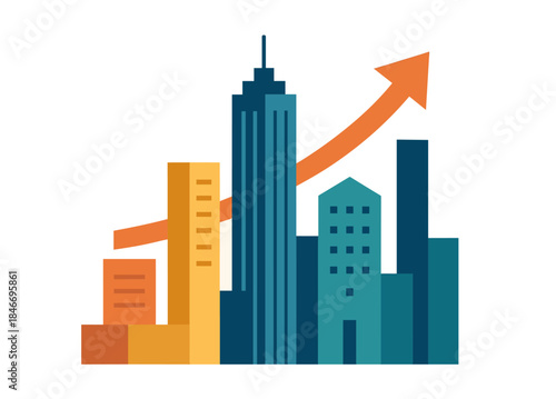 Growing urban economy: rising arrow over city skyline reflects positive development trends