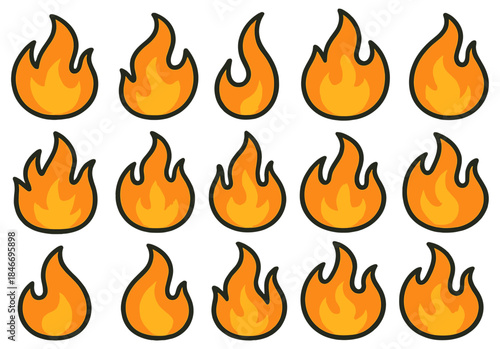 Collection of orange flame icons in various shapes on white background