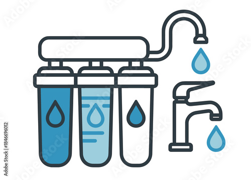 Home water filtration system with three filtered cartridges and faucet