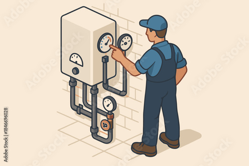 Cartoon plumber adjusting heating system with gauges and pipes