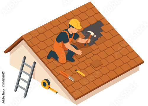 Male roofer repairing shingles on residential roof with hammer and tools