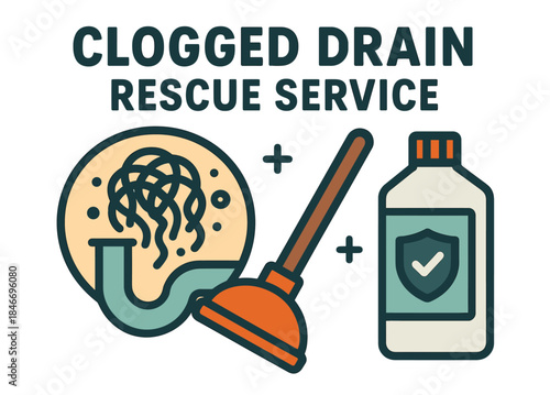 Clogged drain rescue service tools featuring plunger and cleaner bottle