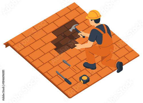 Caucasian male adult roofer repairing shingles on roof with tools