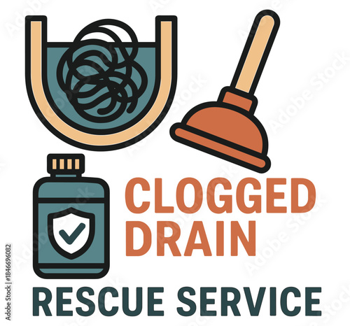 Clogged drain solutions with plunger and cleaning products icon