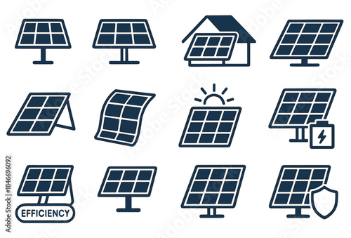 Variety of solar panel icons for renewable energy solutions