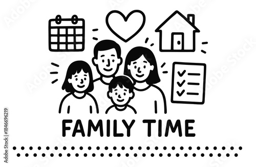 Family time: smiling caucasian family of four with calendar and checklist