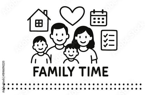 Happy caucasian family time: parents and children with home and heart icons